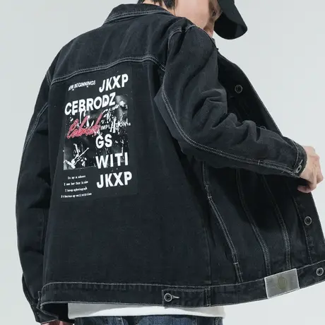 加肥加大码黑色牛仔外套夹克男士春季春秋款2024新款潮牌印花衣服商品大图