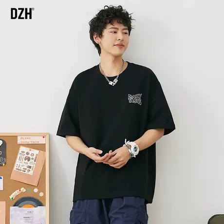 男士黑色重磅t恤男短袖潮牌夏季宽松上衣圆领体恤2023年新款衣服商品大图
