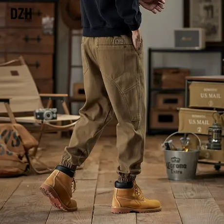 男士卡其色纯棉裤子男款美式高街秋季2024新款休闲裤束脚工装男裤商品大图