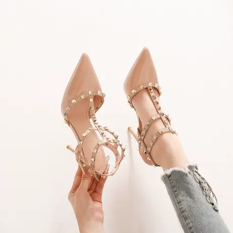 2024年夏季新款性感尖头一字带高跟鞋女细跟法式气质铆钉中空凉鞋商品大图