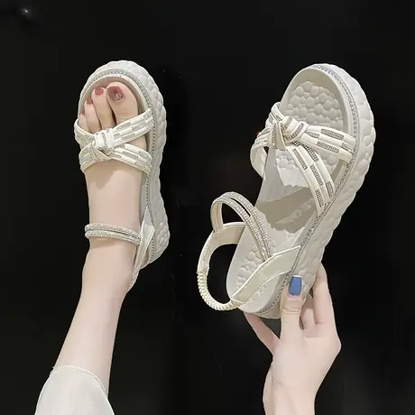 中跟凉鞋女2023新款夏季仙女风白色软皮一字带皮凉鞋厚底松糕时尚商品大图