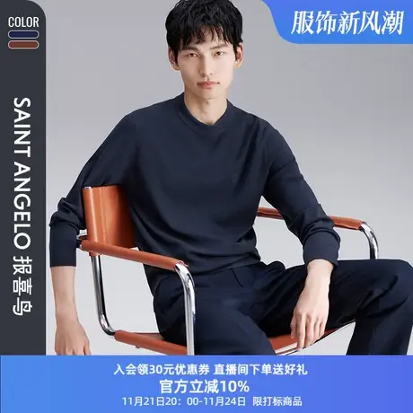 报喜鸟品牌2023秋新圆领舒适休闲时尚男士保暖针织羊毛衫中性风商品大图