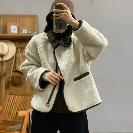 dza 复古翻领羊羔毛棉服外套女冬季外穿翻领棉衣休闲宽松口袋上衣图片