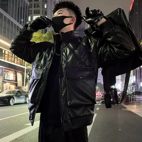 冬季2023新款菱格PU皮棉服男立领防寒加厚机车服个性痞帅棉衣外套图片