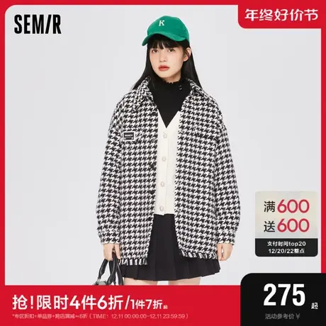 森马外套女中长款千鸟格毛边复古宽松2022冬季新款小香风翻领夹克图片