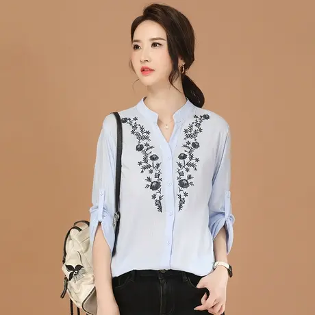 韩潮袭人V领绣花长袖衬衣2024春季新款女士条纹衬衫设计感小众图片