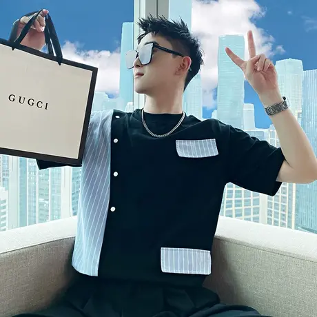 t恤2023夏季新款潮牌男装条纹设计拼接圆领短袖时尚潮流上衣体恤商品大图