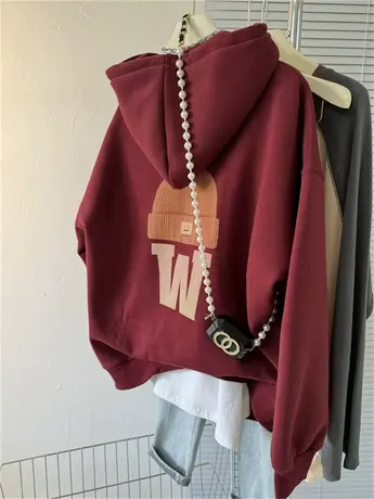 前后字母小帽印花秋冬加绒加厚帽衫女款酒红色中长款美式连帽卫衣商品大图