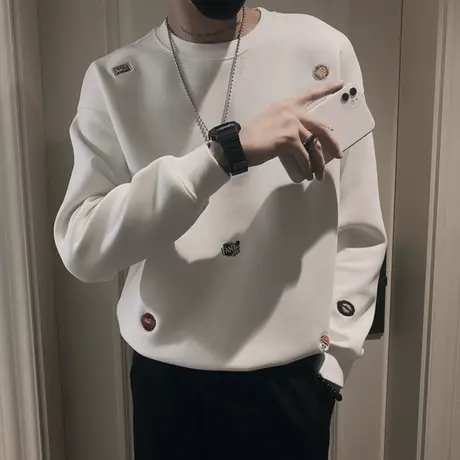 秋季男士t恤卫衣外套上衣长袖宽松套头刺绣简约潮流潮牌圆领体恤商品大图