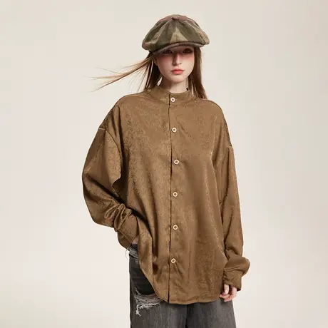 复古美拉德穿搭立领衬衫女2024年新款潮牌春装衬衣设计感宽松上衣商品大图