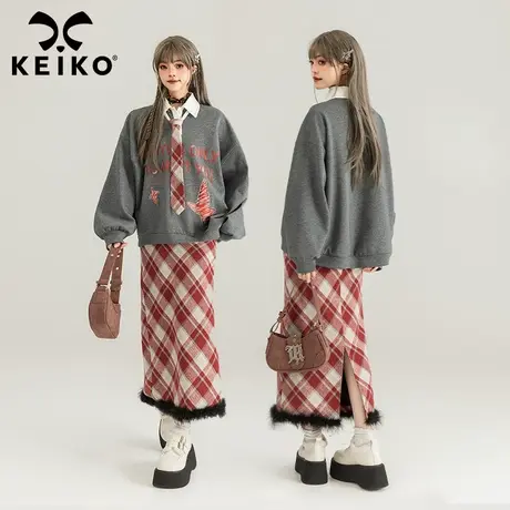 KEIKO [赠领带] 学院风字母印花灰色卫衣2024春季美式polo领上衣图片