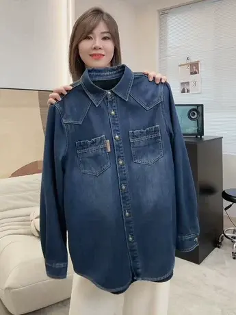 欧美秋冬复古保暖加绒牛仔衬衣女长袖宽松休闲打底叠穿加厚衬衫潮图片