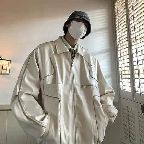 复古PU皮衣外套男秋冬季潮牌明线设计感宽松翻领休闲防风机车夹克商品大图