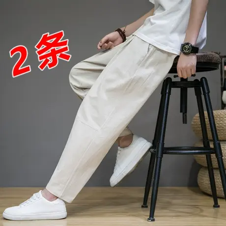裤子男九分裤宽松亚麻裤夏季男裤薄款棉麻9分裤休闲运动裤直筒裤商品大图