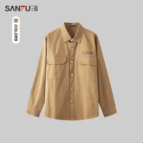 三福2024春季男士斑驳印花长衬衫 潮流宽松翻领纯棉上衣482504图片