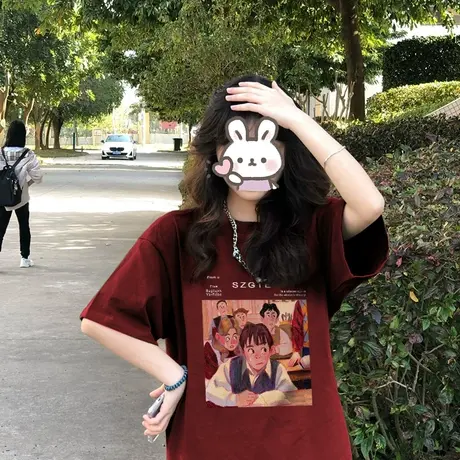 酒红色短袖t恤女美式复古夏季2023圆领半袖小个子宽松上衣纯棉ins商品大图