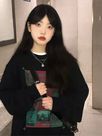 美式无帽卫衣女秋冬加绒加厚古着vintage宽松慵懒风港味chic上衣商品大图