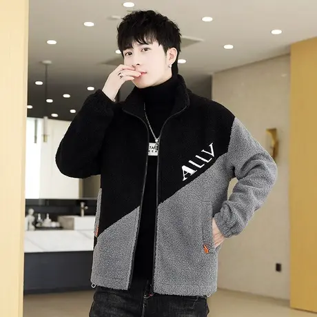 秋冬季新款羊羔毛棉衣男士韩版潮流学生加厚拼接撞色颗粒绒外套男商品大图