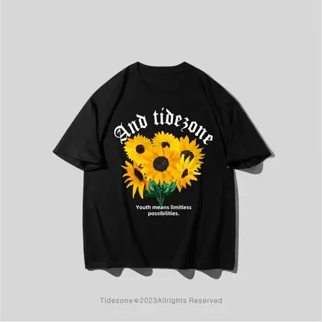 Ohlyah美式潮牌大码短袖t恤男夏重磅植物花卉黄色向日葵打底半袖图片