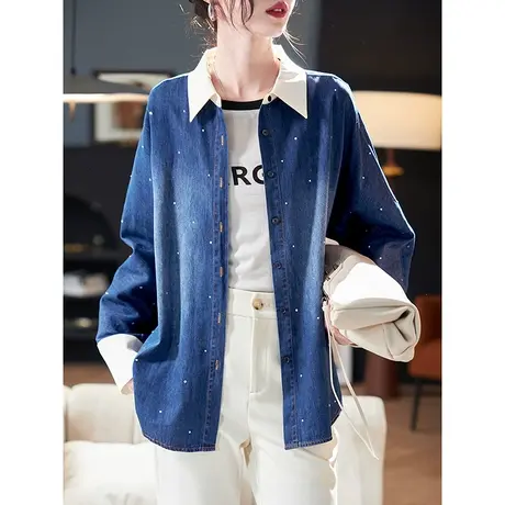 宝诗黎翻领烫钻蝙蝠袖牛仔衬衫2024春季韩系宽松棉质外搭衬衣女装商品大图