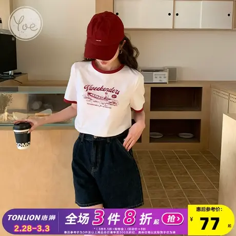 yoe短袖t恤女上衣白色美式复古拼接撞色2024年夏季新款小个子女款商品大图