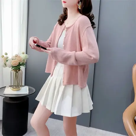 2024薄款小针织开衫女早春短款小个子上衣百搭圆领防晒空调衫外套商品大图
