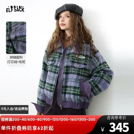 妖精的口袋拼接短款毛呢外套女2023冬季新款复古格纹灯芯绒呢大衣商品大图