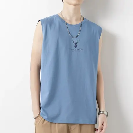 纯棉男士背心薄款夏季外穿宽松跨栏健身篮球运动坎肩砍袖无袖t恤商品大图