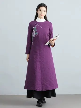 素飞禅意棉服2023春季新款宽松加厚连衣裙手绘图案茶服长款外套女商品大图