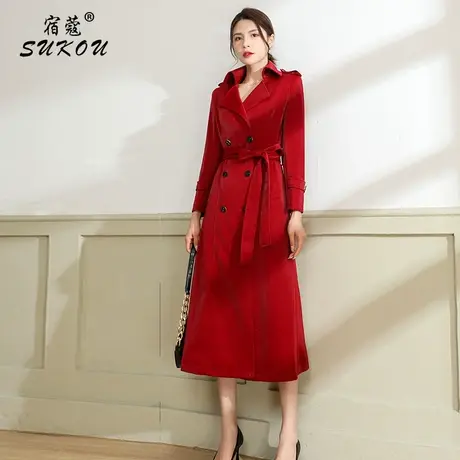 高贵时尚酒红色风衣女秋装2023年新款高级感流行外套长款过膝大衣商品大图