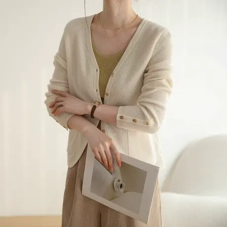 短款针织开衫女2022年早秋新款长袖毛衣外套温柔风100羊毛商品大图