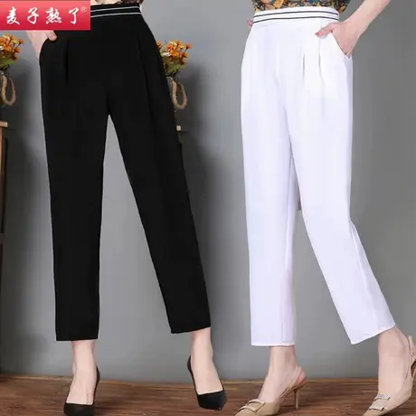 妈妈夏装薄裤子松紧腰中高腰大码九分裤减龄洋气休闲裤中老年女装商品大图