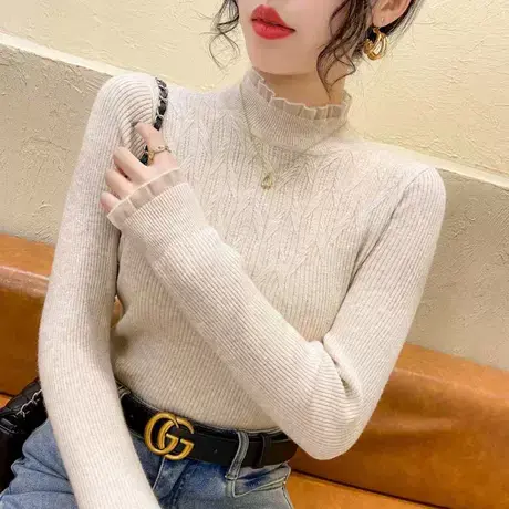 半高领打底衫女2022秋季新款上衣韩版显瘦秋冬毛衣蕾丝边内搭针织图片
