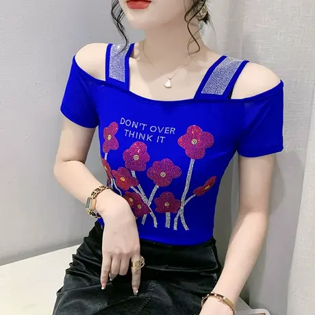 性感一字领短袖T恤女洋气吊带网纱上衣重工烫钻小衫修身气质半袖商品大图