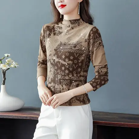 打底衫女2023新款秋装气质长袖t恤女洋气大码内搭烫钻半高领小衫商品大图