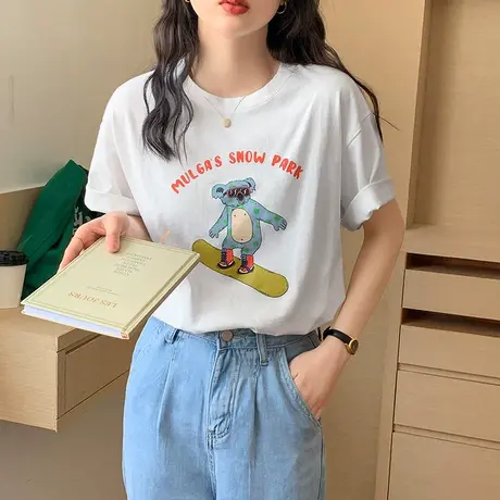 韩国时尚卡通印花短袖T恤女夏宽松ins潮2023新款纯棉半袖正肩上衣商品大图