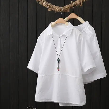 短袖衬衫女夏季2023年新款文艺宽松大码上衣纯色百搭翻领套头衬衣商品大图