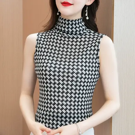 半高领t恤女夏季别致短袖印花波点上衣中老年时尚蕾丝网纱打底衫图片