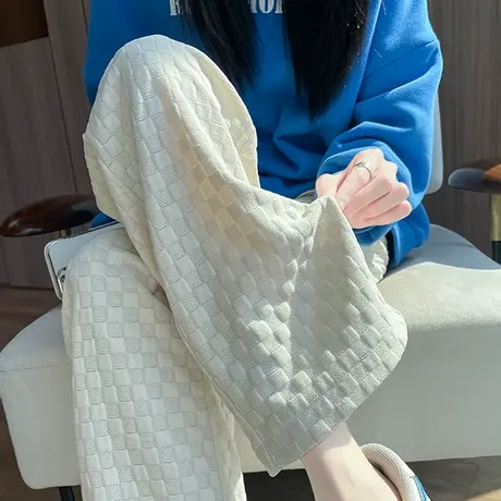 米白色棋盘格阔腿裤女秋冬新款高腰垂感直筒宽松显瘦休闲灯芯绒裤商品大图