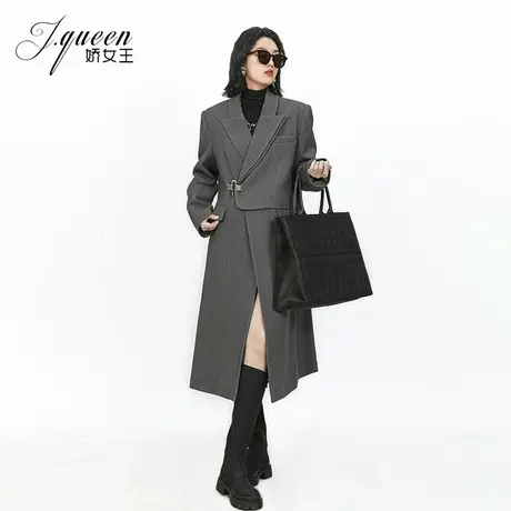 西装外套女2023年秋季新款复古灰色高级设计感中长款加厚西服大衣图片