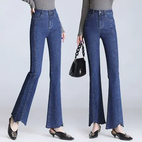 微喇牛仔裤女2023年新款复古高腰显瘦设计感小个子黑色微喇叭裤商品大图