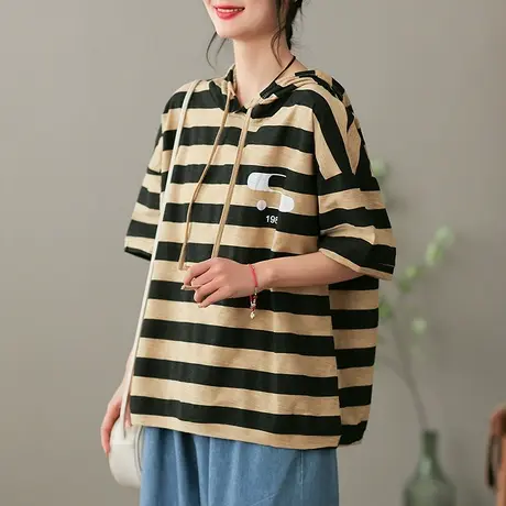dza复古宽松纯棉短袖t恤女士春夏新款连帽条纹打底衫漂亮薄款上衣商品大图