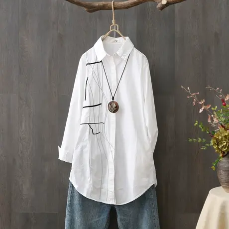 中长款绣花纯棉白衬衫女春秋秋款韩版宽松长袖纯色打底衫衬衣上衣图片