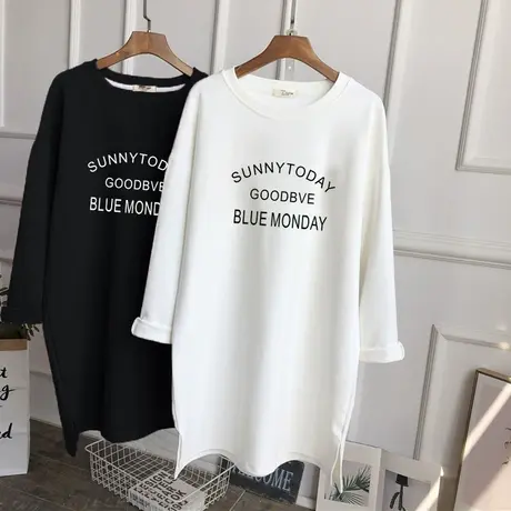 韩版春秋装中长款长袖T恤女小众设计感上衣磨毛加厚宽松打底衫潮商品大图