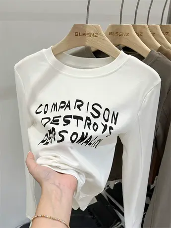 印花白色t恤女长袖春装2023年新款洋气别致显身材短款上衣打底衫图片