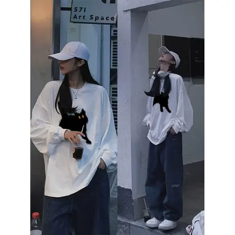 纯棉设计感长袖t恤女2023新款春秋薄款潮牌宽松慵懒风初秋上衣服图片