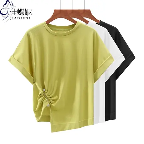 夏季新款韩版圆领宽松纯色不规则下摆纯白休闲短袖体恤上衣内搭女图片