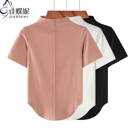 春夏季韩版半高领纯棉修身纯色纯欲燕尾摆短袖体恤上衣女T恤高腰商品大图