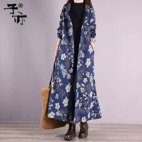 子亦冬装新款民族风大花长款加绒加厚连帽保暖单排扣妈妈棉衣图片