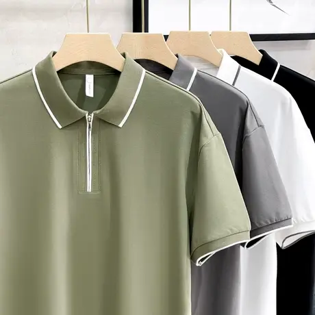 夏季薄冰丝珠地棉翻领POLO衫男短袖宽松日系拉链纯色休闲男士T恤商品大图